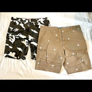 Lot of 2 mens shorts- camo + embroidered stars flat front 31 military theme